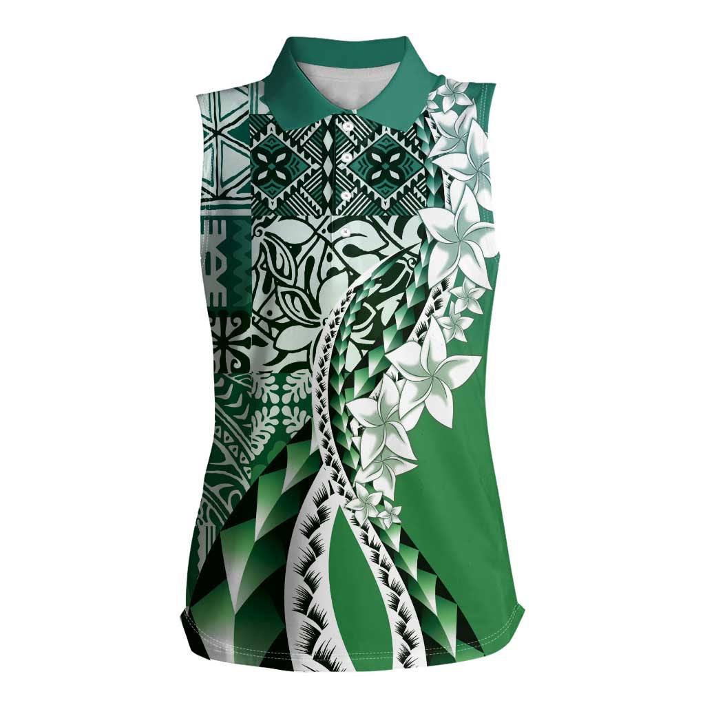 Aloha Vintage Plumeria Hawaiian Tapa Pattern Women Sleeveless Polo Shirt Green Hawaiian Tapa Pattern - Polynesian Pride