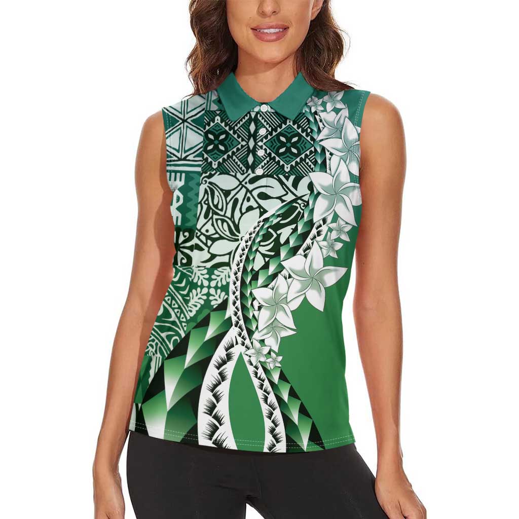 Aloha Vintage Plumeria Hawaiian Tapa Pattern Women Sleeveless Polo Shirt Green Hawaiian Tapa Pattern - Polynesian Pride