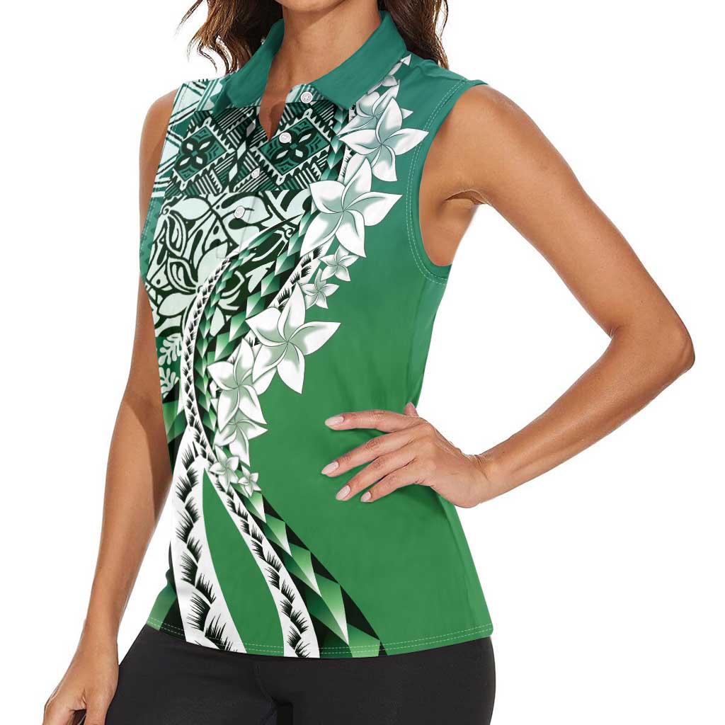 Aloha Vintage Plumeria Hawaiian Tapa Pattern Women Sleeveless Polo Shirt Green Hawaiian Tapa Pattern - Polynesian Pride