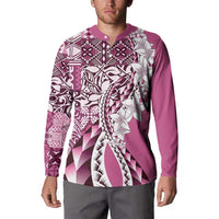 Aloha Vintage Plumeria Hawaiian Tapa Pattern Button Sweatshirt Pink Hawaiian Tapa Pattern - Polynesian Pride