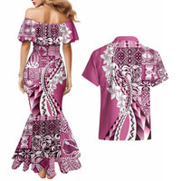 Aloha Vintage Plumeria Hawaiian Tapa Pattern Couples Matching Mermaid Dress and Hawaiian Shirt Pink Hawaiian Tapa Pattern LT9 - Polynesian Pride