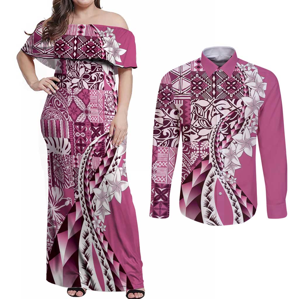 Aloha Vintage Plumeria Hawaiian Tapa Pattern Couples Matching Off Shoulder Maxi Dress and Long Sleeve Button Shirt Pink Hawaiian Tapa Pattern - Polynesian Pride
