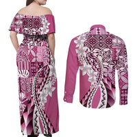 Aloha Vintage Plumeria Hawaiian Tapa Pattern Couples Matching Off Shoulder Maxi Dress and Long Sleeve Button Shirt Pink Hawaiian Tapa Pattern - Polynesian Pride