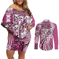 Aloha Vintage Plumeria Hawaiian Tapa Pattern Couples Matching Off Shoulder Short Dress and Long Sleeve Button Shirt Pink Hawaiian Tapa Pattern - Polynesian Pride