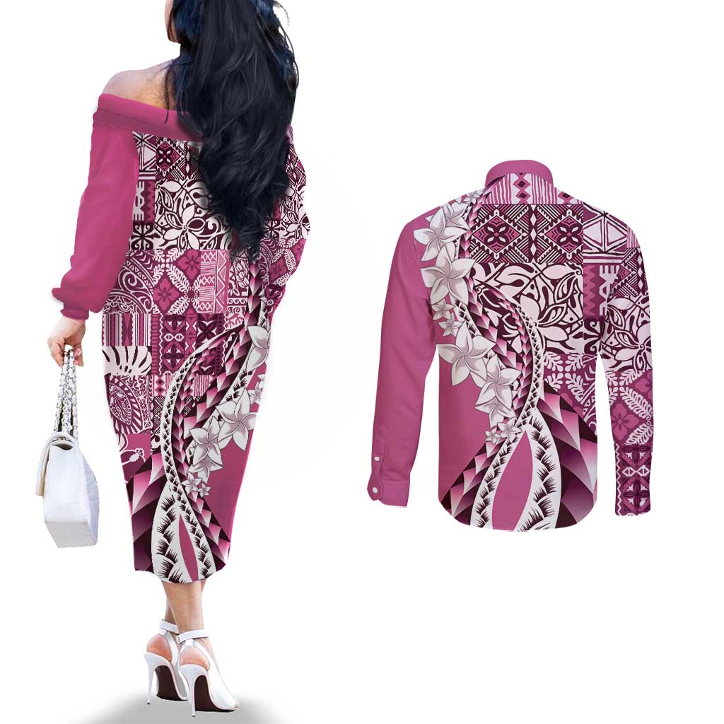 Aloha Vintage Plumeria Hawaiian Tapa Pattern Couples Matching Off The Shoulder Long Sleeve Dress and Long Sleeve Button Shirt Pink Hawaiian Tapa Pattern - Polynesian Pride