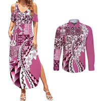 Aloha Vintage Plumeria Hawaiian Tapa Pattern Couples Matching Summer Maxi Dress and Long Sleeve Button Shirt Pink Hawaiian Tapa Pattern - Polynesian Pride