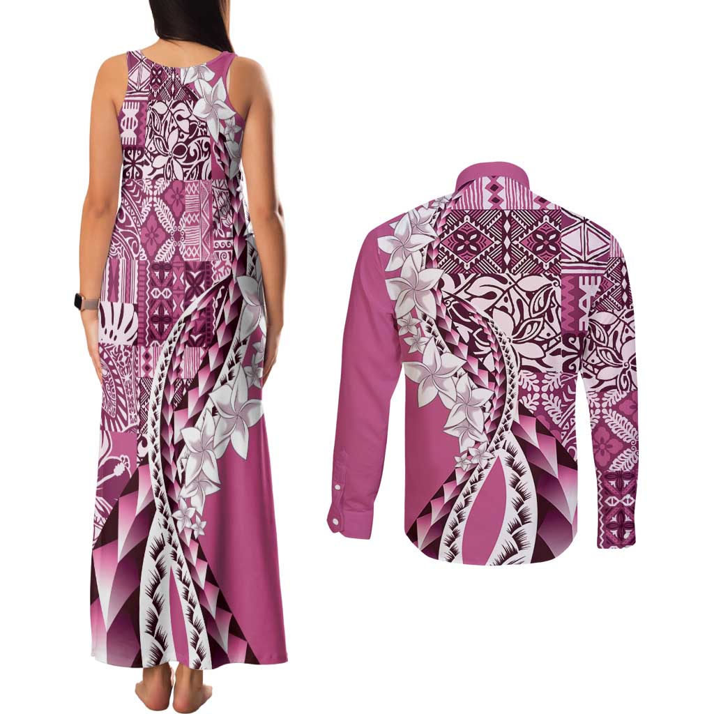 Aloha Vintage Plumeria Hawaiian Tapa Pattern Couples Matching Tank Maxi Dress and Long Sleeve Button Shirt Pink Hawaiian Tapa Pattern - Polynesian Pride