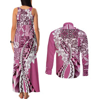 Aloha Vintage Plumeria Hawaiian Tapa Pattern Couples Matching Tank Maxi Dress and Long Sleeve Button Shirt Pink Hawaiian Tapa Pattern - Polynesian Pride