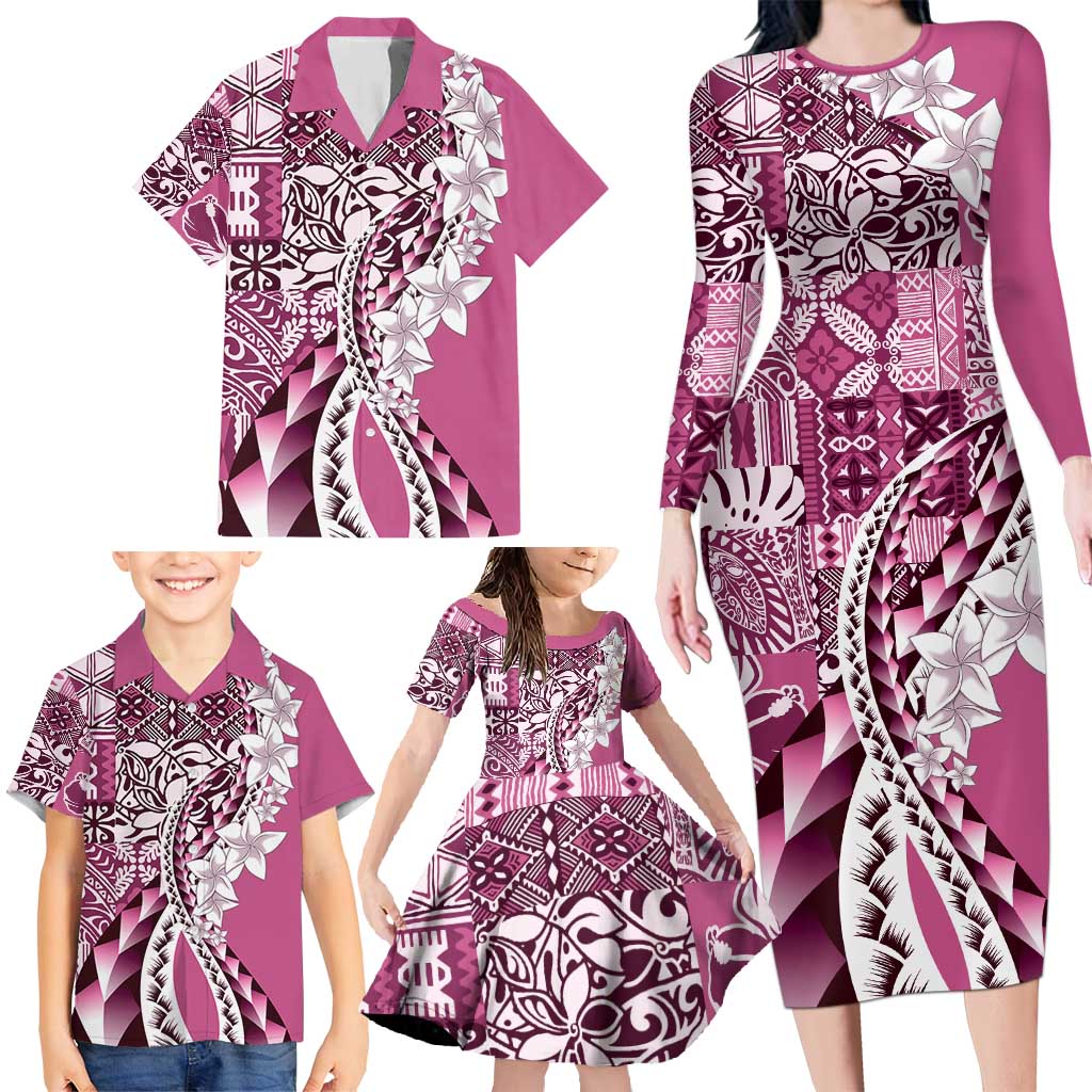 Aloha Vintage Plumeria Hawaiian Tapa Pattern Family Matching Long Sleeve Bodycon Dress and Hawaiian Shirt Pink Hawaiian Tapa Pattern LT9 - Polynesian Pride