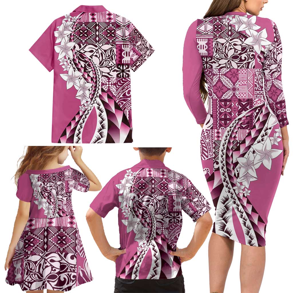 Aloha Vintage Plumeria Hawaiian Tapa Pattern Family Matching Long Sleeve Bodycon Dress and Hawaiian Shirt Pink Hawaiian Tapa Pattern LT9 - Polynesian Pride