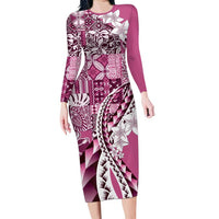Aloha Vintage Plumeria Hawaiian Tapa Pattern Family Matching Long Sleeve Bodycon Dress and Hawaiian Shirt Pink Hawaiian Tapa Pattern LT9 Mom's Dress Pink - Polynesian Pride