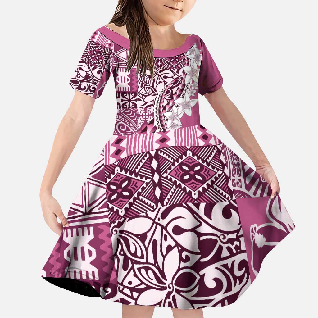 Aloha Vintage Plumeria Hawaiian Tapa Pattern Family Matching Mermaid Dress and Hawaiian Shirt Pink Hawaiian Tapa Pattern LT9 Daughter's Dress Pink - Polynesian Pride