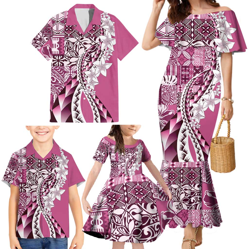Aloha Vintage Plumeria Hawaiian Tapa Pattern Family Matching Mermaid Dress and Hawaiian Shirt Pink Hawaiian Tapa Pattern LT9 - Polynesian Pride