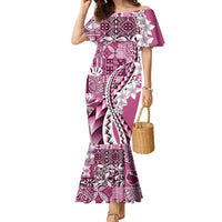 Aloha Vintage Plumeria Hawaiian Tapa Pattern Family Matching Mermaid Dress and Hawaiian Shirt Pink Hawaiian Tapa Pattern LT9 Mom's Dress Pink - Polynesian Pride