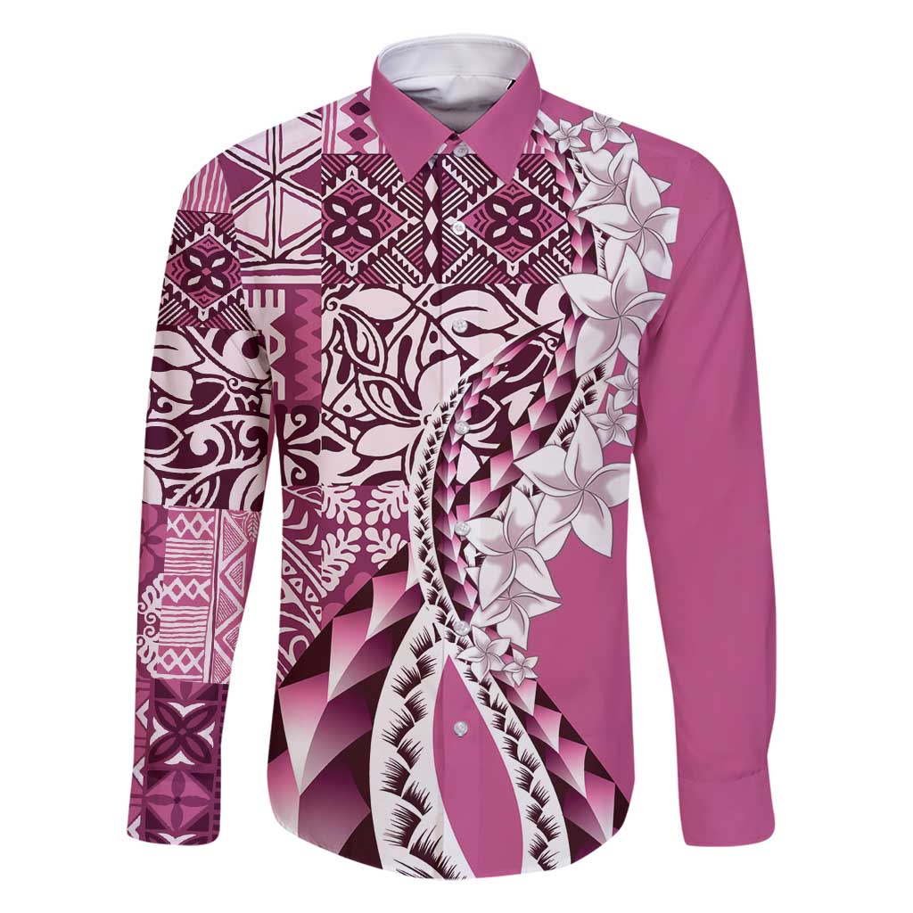 Aloha Vintage Plumeria Hawaiian Tapa Pattern Family Matching Off Shoulder Short Dress and Hawaiian Shirt Pink Hawaiian Tapa Pattern - Polynesian Pride