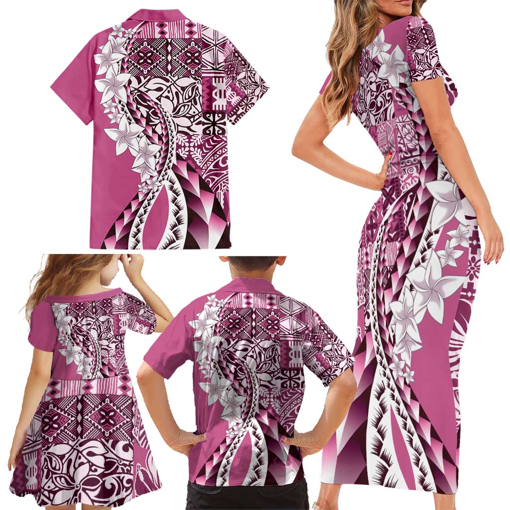Aloha Vintage Plumeria Hawaiian Tapa Pattern Family Matching Short Sleeve Bodycon Dress and Hawaiian Shirt Pink Hawaiian Tapa Pattern LT9 - Polynesian Pride