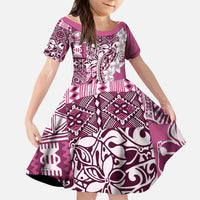 Aloha Vintage Plumeria Hawaiian Tapa Pattern Kid Short Sleeve Dress Pink Hawaiian Tapa Pattern - Polynesian Pride