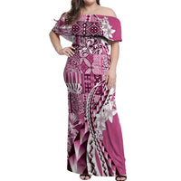 Aloha Vintage Plumeria Hawaiian Tapa Pattern Off Shoulder Maxi Dress Pink Hawaiian Tapa Pattern - Polynesian Pride