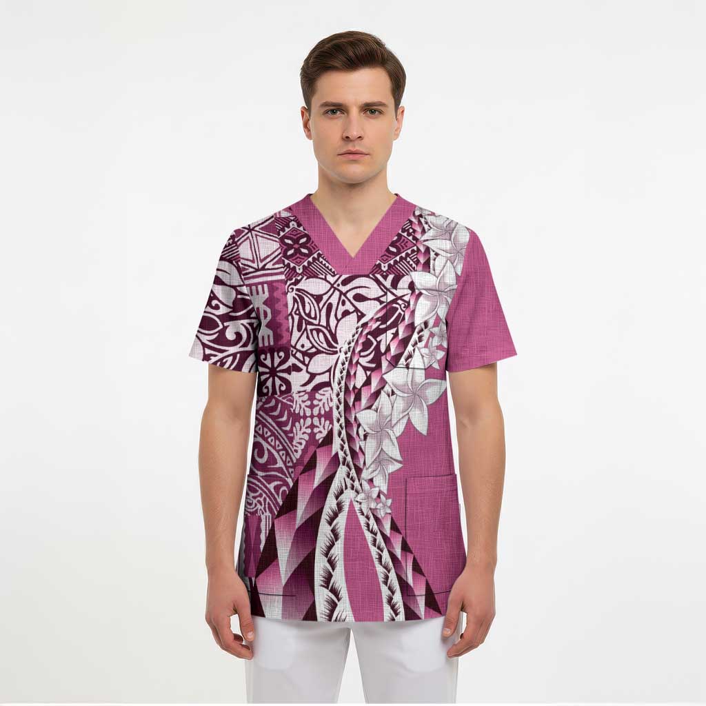 Aloha Vintage Plumeria Hawaiian Tapa Pattern Scrub Top Pink Hawaiian Tapa Pattern - Polynesian Pride