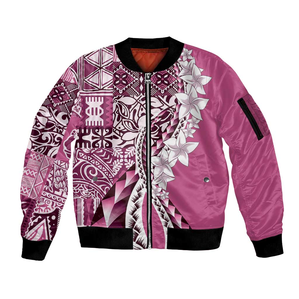 Aloha Vintage Plumeria Hawaiian Tapa Pattern Sleeve Zip Bomber Jacket Pink Hawaiian Tapa Pattern - Polynesian Pride