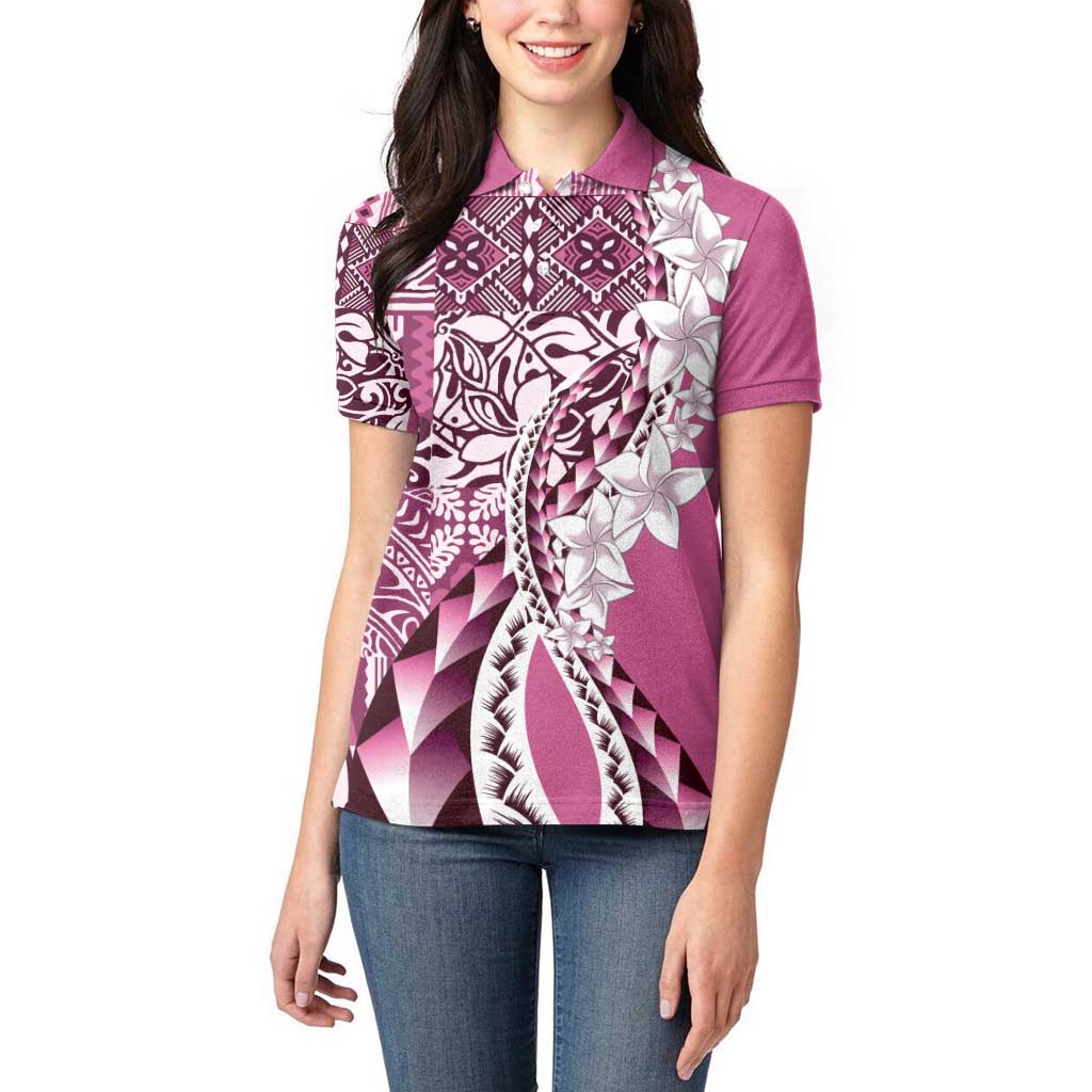 Aloha Vintage Plumeria Hawaiian Tapa Pattern Women Polo Shirt Pink Hawaiian Tapa Pattern - Polynesian Pride