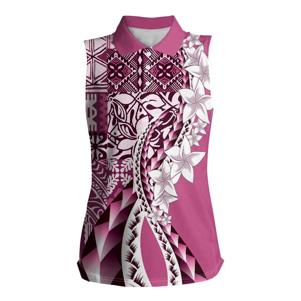 Aloha Vintage Plumeria Hawaiian Tapa Pattern Women Sleeveless Polo Shirt Pink Hawaiian Tapa Pattern - Polynesian Pride