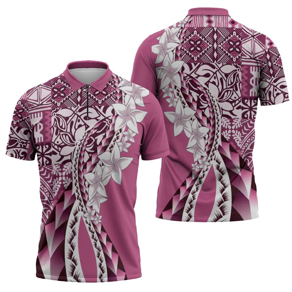Aloha Vintage Plumeria Hawaiian Tapa Pattern Zipper Polo Shirt Pink Hawaiian Tapa Pattern - Polynesian Pride