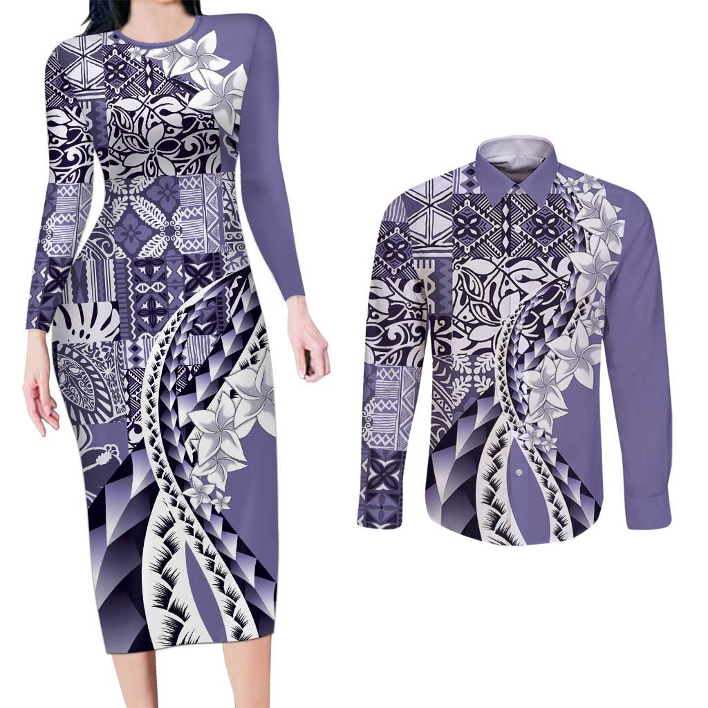 Aloha Vintage Plumeria Hawaiian Tapa Pattern Couples Matching Long Sleeve Bodycon Dress and Long Sleeve Button Shirt Purple Hawaiian Tapa Pattern LT9 Purple - Polynesian Pride