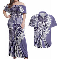 Aloha Vintage Plumeria Hawaiian Tapa Pattern Couples Matching Off Shoulder Maxi Dress and Hawaiian Shirt Purple Hawaiian Tapa Pattern LT9 Purple - Polynesian Pride