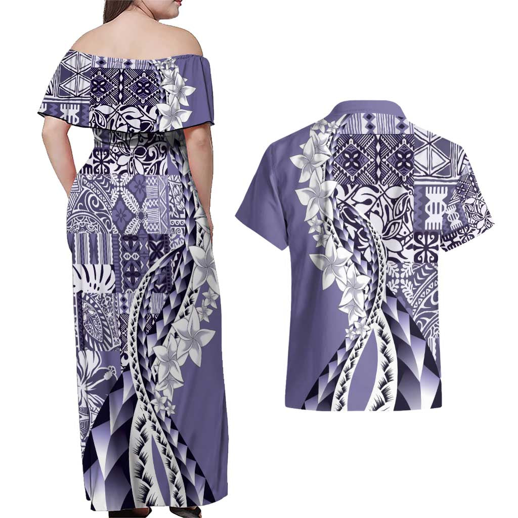 Aloha Vintage Plumeria Hawaiian Tapa Pattern Couples Matching Off Shoulder Maxi Dress and Hawaiian Shirt Purple Hawaiian Tapa Pattern LT9 - Polynesian Pride