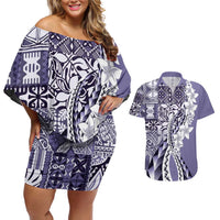 Aloha Vintage Plumeria Hawaiian Tapa Pattern Couples Matching Off Shoulder Short Dress and Hawaiian Shirt Purple Hawaiian Tapa Pattern LT9 Purple - Polynesian Pride