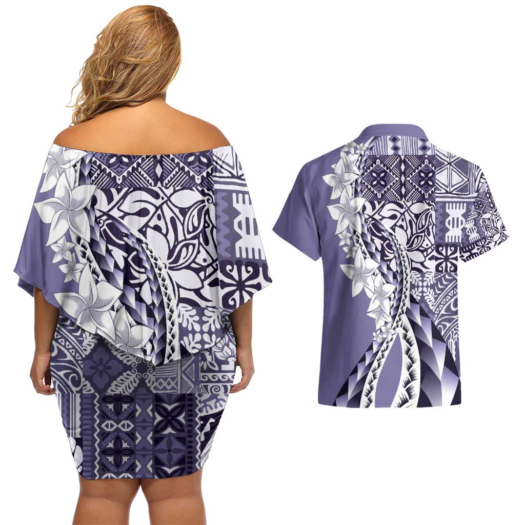 Aloha Vintage Plumeria Hawaiian Tapa Pattern Couples Matching Off Shoulder Short Dress and Hawaiian Shirt Purple Hawaiian Tapa Pattern LT9 - Polynesian Pride