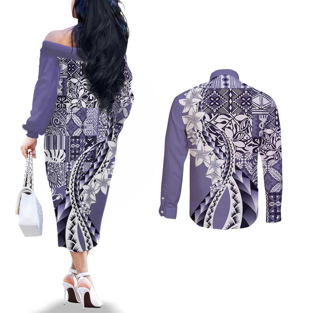 Aloha Vintage Plumeria Hawaiian Tapa Pattern Couples Matching Off The Shoulder Long Sleeve Dress and Long Sleeve Button Shirt Purple Hawaiian Tapa Pattern LT9 - Polynesian Pride