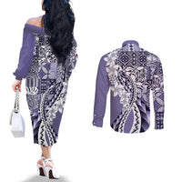 Aloha Vintage Plumeria Hawaiian Tapa Pattern Couples Matching Off The Shoulder Long Sleeve Dress and Long Sleeve Button Shirt Purple Hawaiian Tapa Pattern LT9 - Polynesian Pride