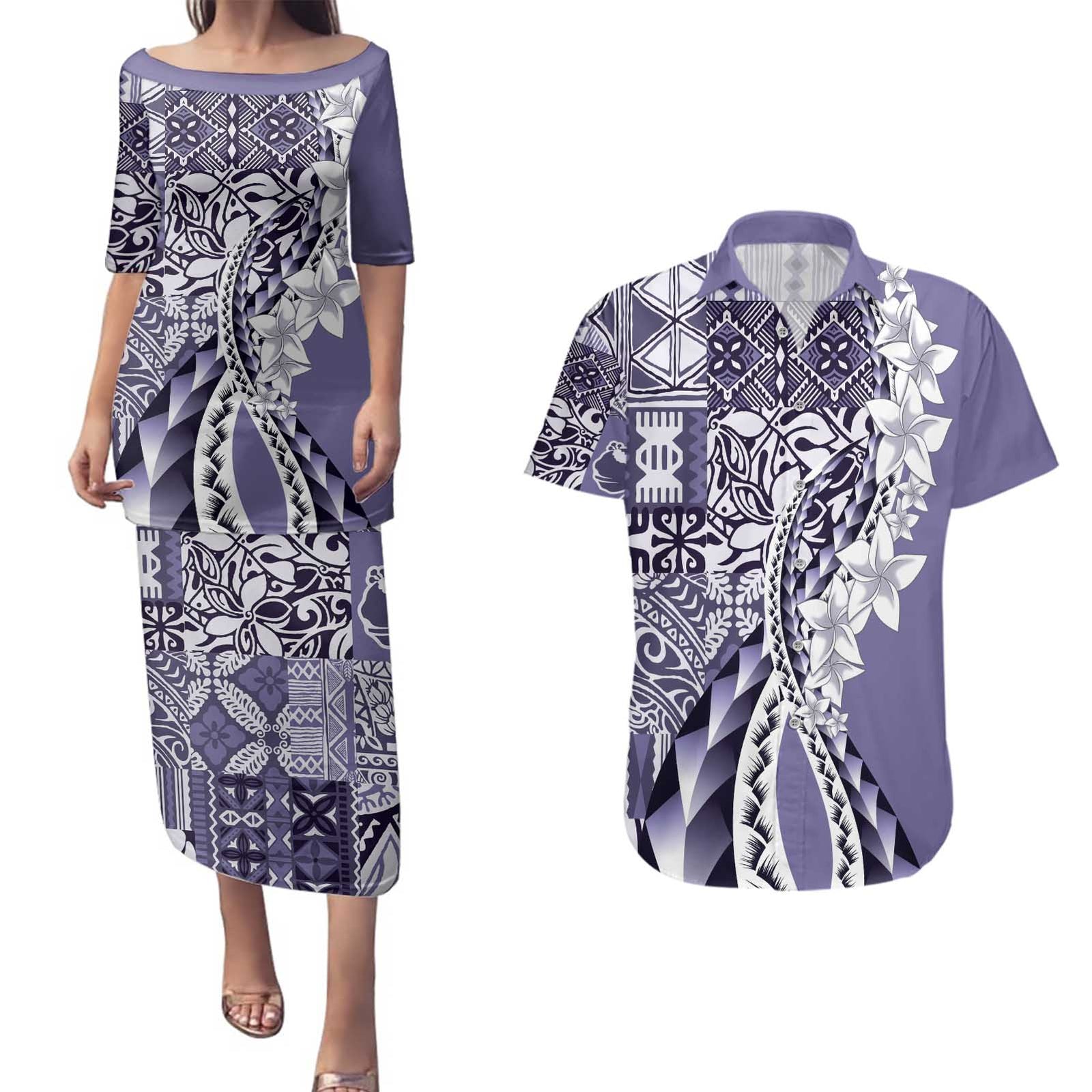 Aloha Vintage Plumeria Hawaiian Tapa Pattern Couples Matching Puletasi and Hawaiian Shirt Purple Hawaiian Tapa Pattern - Polynesian Pride