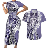 Aloha Vintage Plumeria Hawaiian Tapa Pattern Couples Matching Short Sleeve Bodycon Dress and Hawaiian Shirt Purple Hawaiian Tapa Pattern LT9 Purple - Polynesian Pride