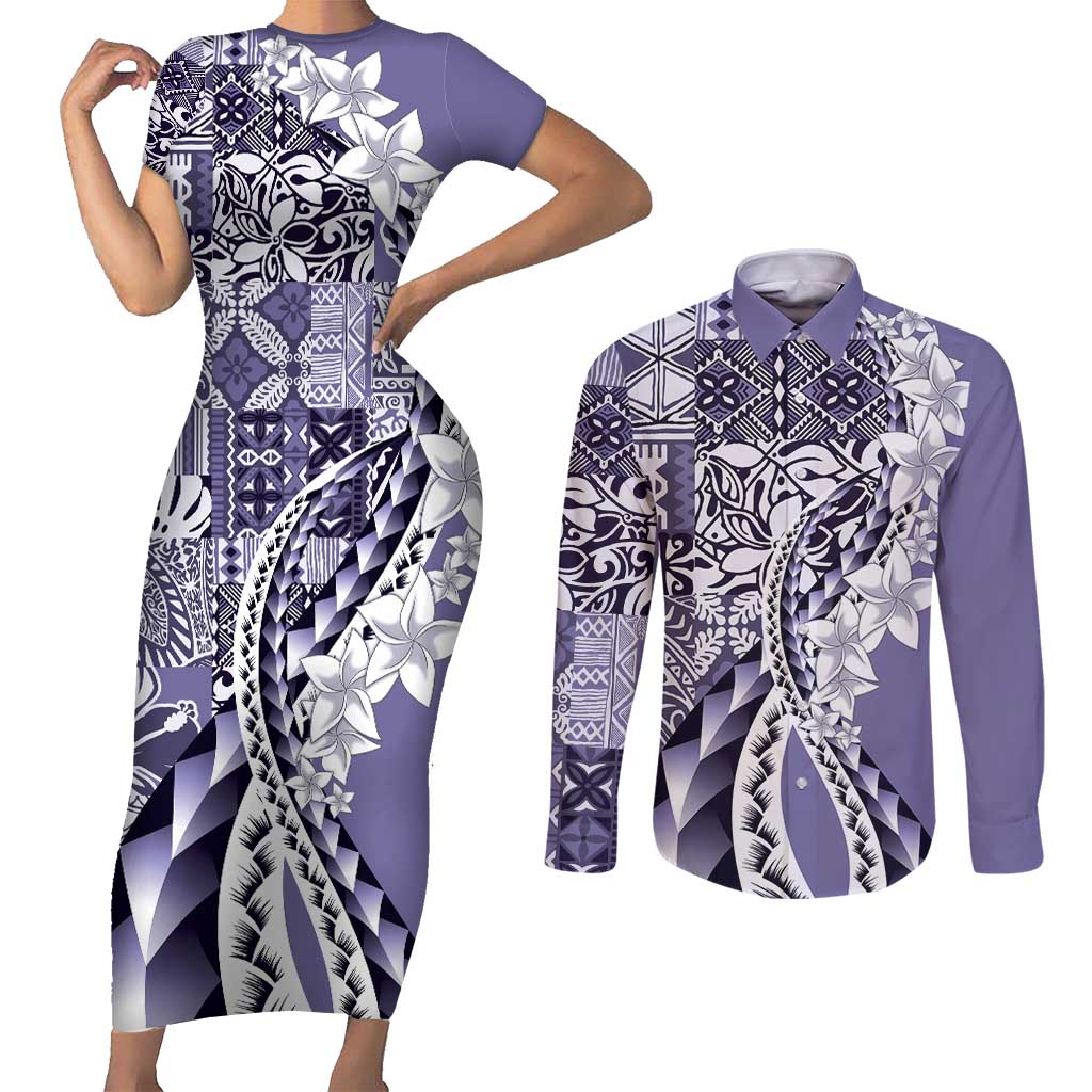 Aloha Vintage Plumeria Hawaiian Tapa Pattern Couples Matching Short Sleeve Bodycon Dress and Long Sleeve Button Shirt Purple Hawaiian Tapa Pattern - Polynesian Pride