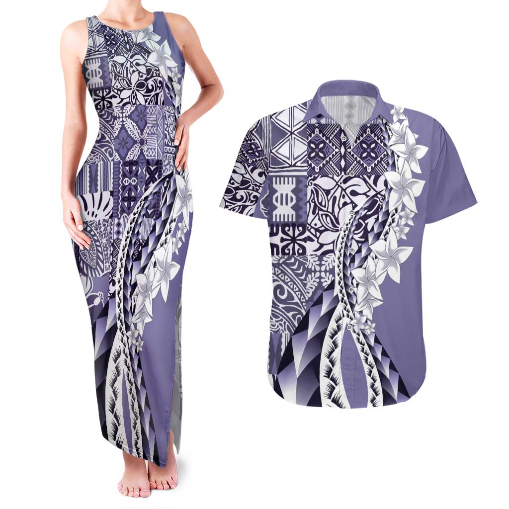 Aloha Vintage Plumeria Hawaiian Tapa Pattern Couples Matching Tank Maxi Dress and Hawaiian Shirt Purple Hawaiian Tapa Pattern LT9 Purple - Polynesian Pride