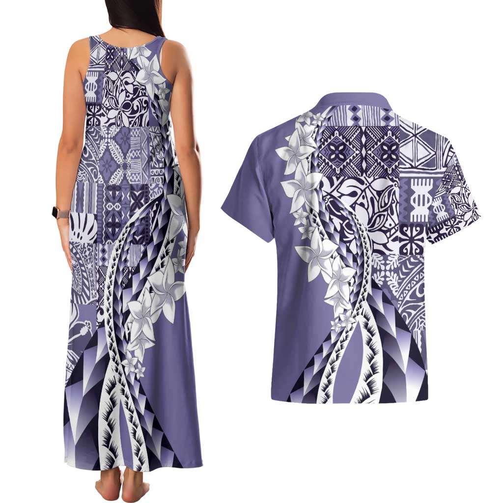 Aloha Vintage Plumeria Hawaiian Tapa Pattern Couples Matching Tank Maxi Dress and Hawaiian Shirt Purple Hawaiian Tapa Pattern LT9 - Polynesian Pride