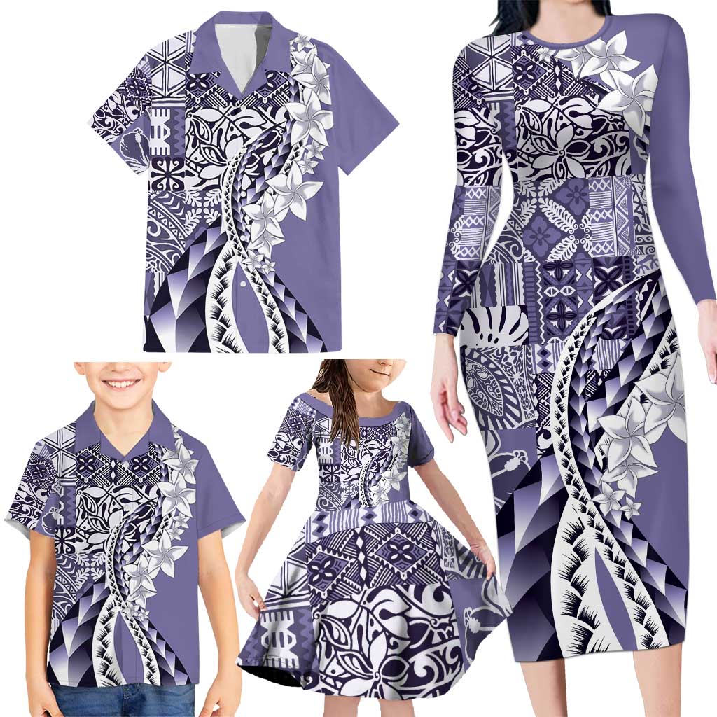 Aloha Vintage Plumeria Hawaiian Tapa Pattern Family Matching Long Sleeve Bodycon Dress and Hawaiian Shirt Purple Hawaiian Tapa Pattern LT9 - Polynesian Pride