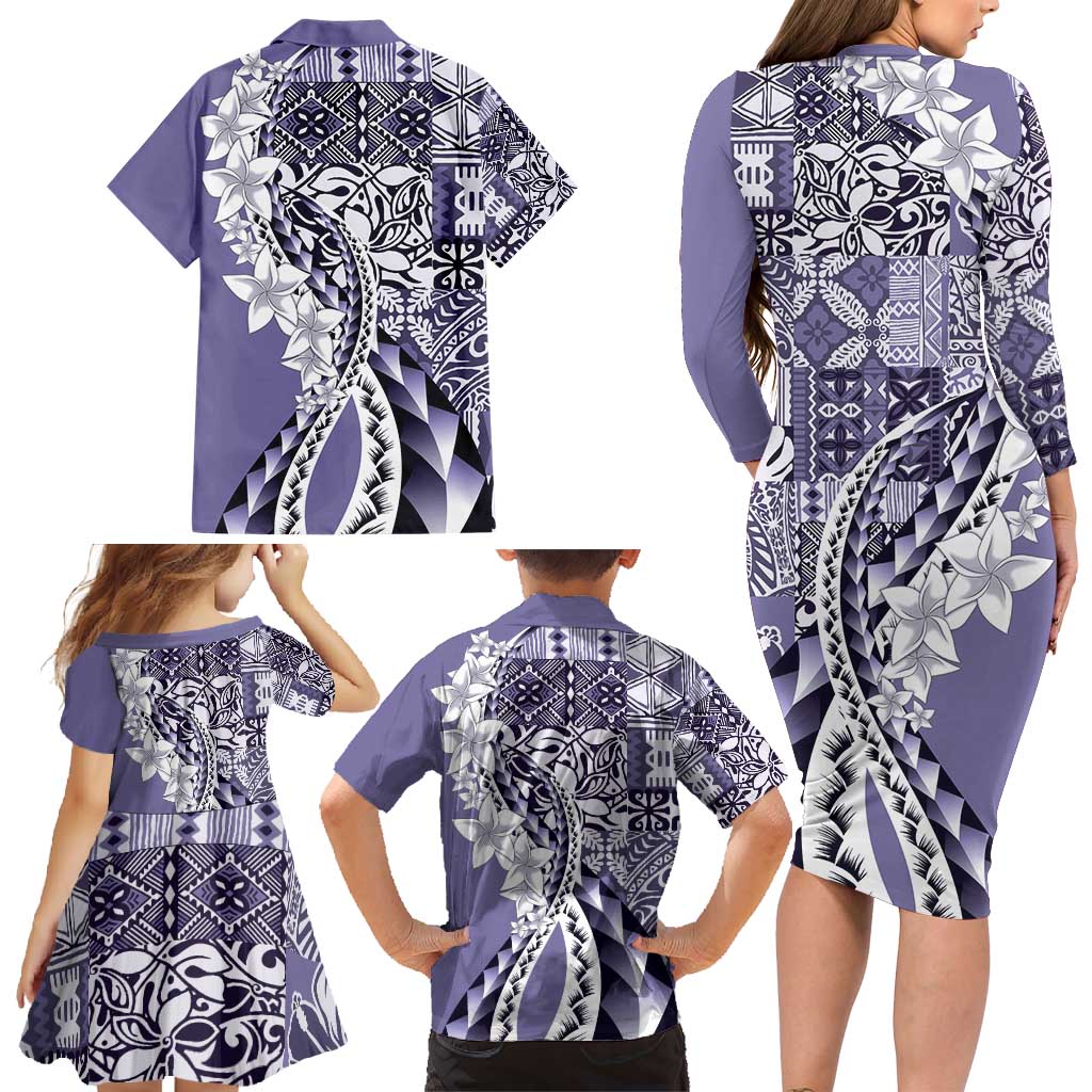 Aloha Vintage Plumeria Hawaiian Tapa Pattern Family Matching Long Sleeve Bodycon Dress and Hawaiian Shirt Purple Hawaiian Tapa Pattern LT9 - Polynesian Pride