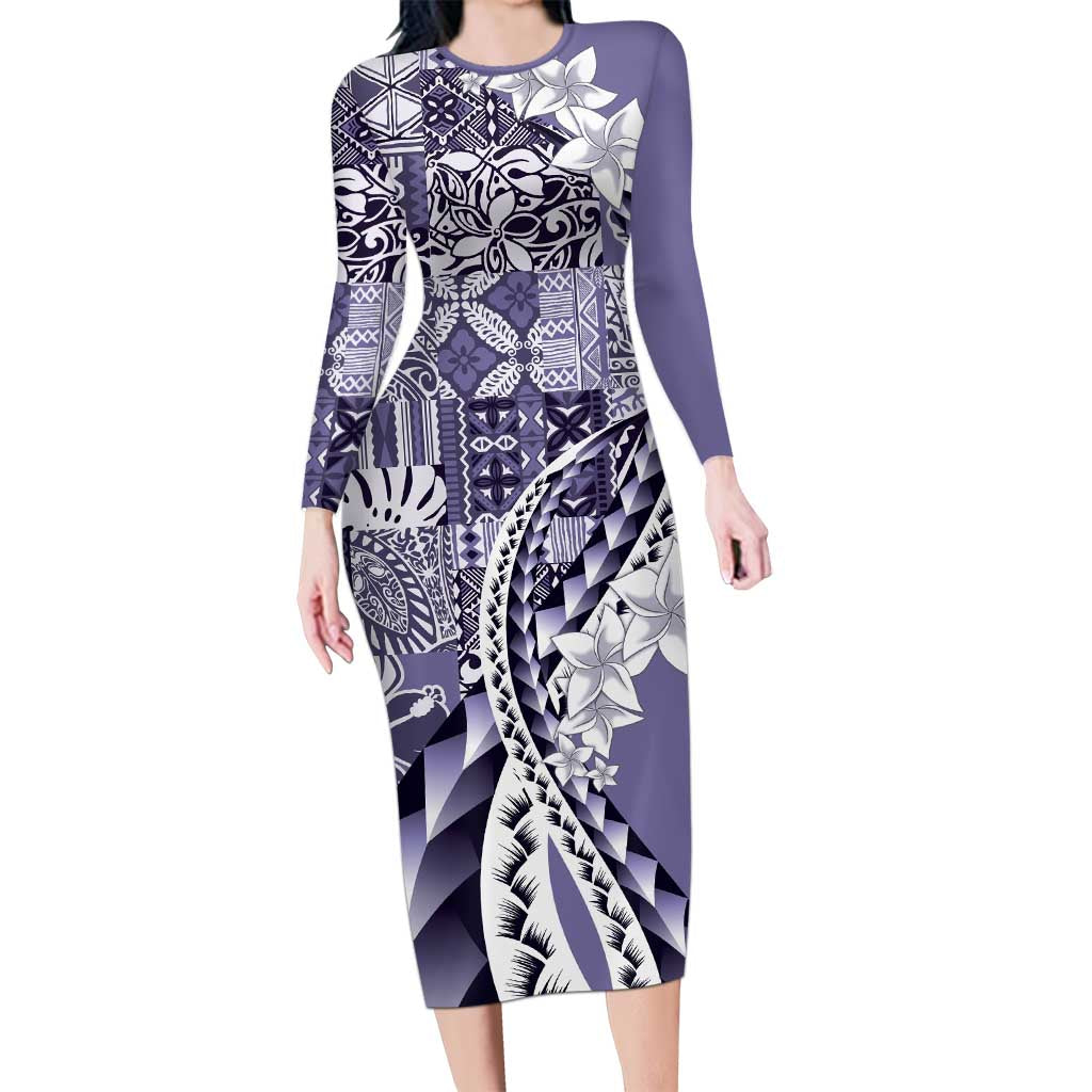 Aloha Vintage Plumeria Hawaiian Tapa Pattern Family Matching Long Sleeve Bodycon Dress and Hawaiian Shirt Purple Hawaiian Tapa Pattern LT9 Mom's Dress Purple - Polynesian Pride
