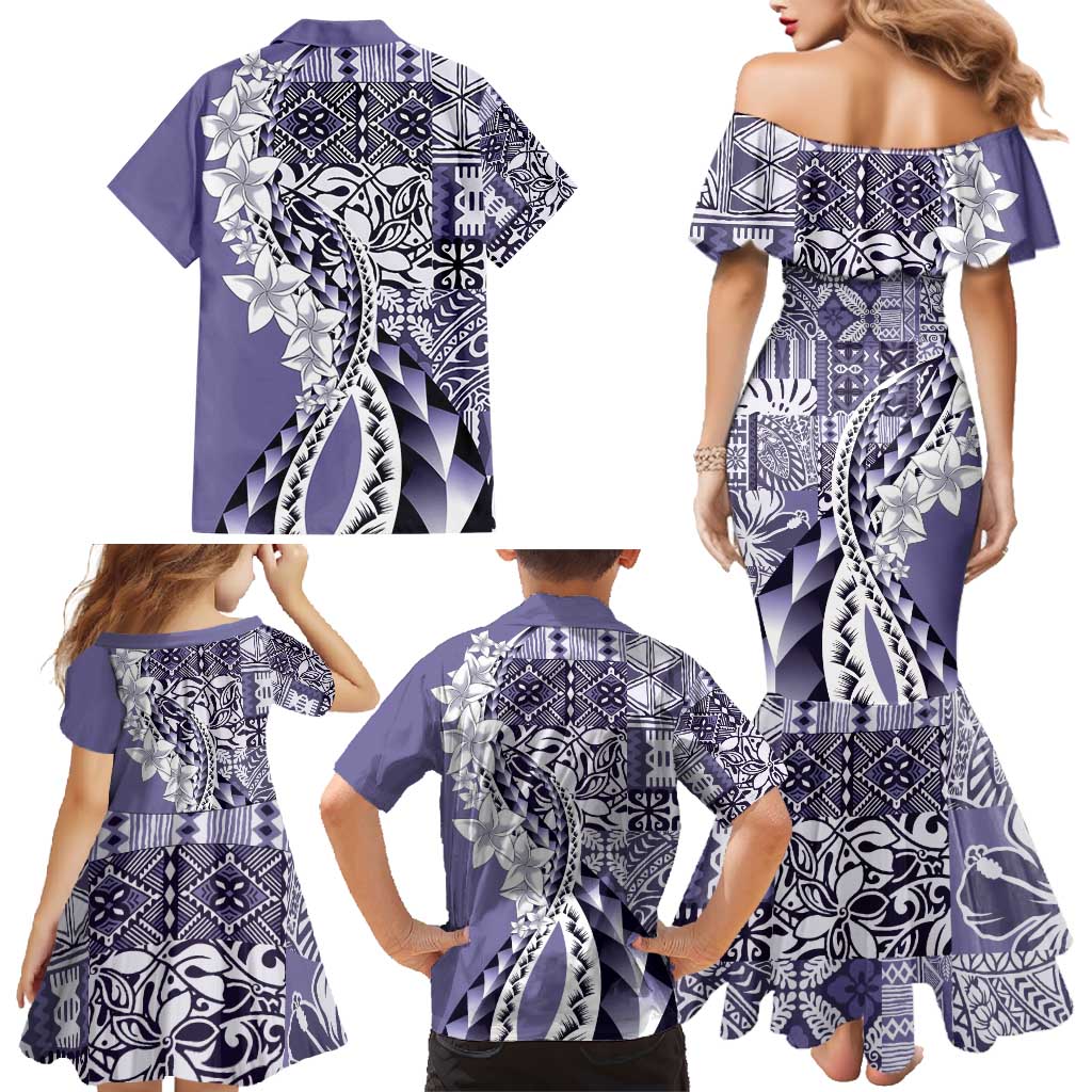 Aloha Vintage Plumeria Hawaiian Tapa Pattern Family Matching Mermaid Dress and Hawaiian Shirt Purple Hawaiian Tapa Pattern LT9 - Polynesian Pride
