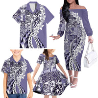 Aloha Vintage Plumeria Hawaiian Tapa Pattern Family Matching Off The Shoulder Long Sleeve Dress and Hawaiian Shirt Purple Hawaiian Tapa Pattern - Polynesian Pride