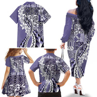 Aloha Vintage Plumeria Hawaiian Tapa Pattern Family Matching Off The Shoulder Long Sleeve Dress and Hawaiian Shirt Purple Hawaiian Tapa Pattern - Polynesian Pride