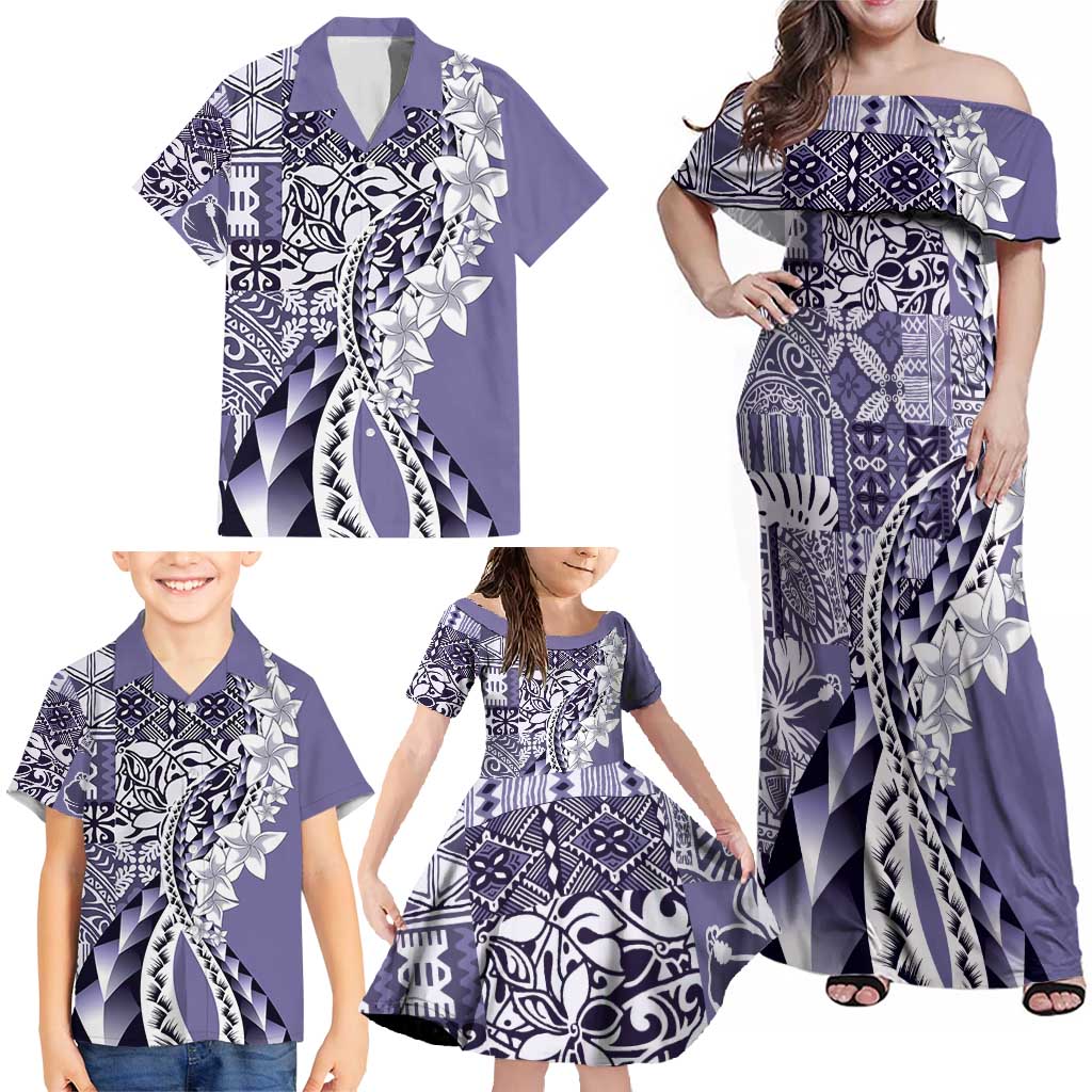 Aloha Vintage Plumeria Hawaiian Tapa Pattern Family Matching Off Shoulder Maxi Dress and Hawaiian Shirt Purple Hawaiian Tapa Pattern - Polynesian Pride