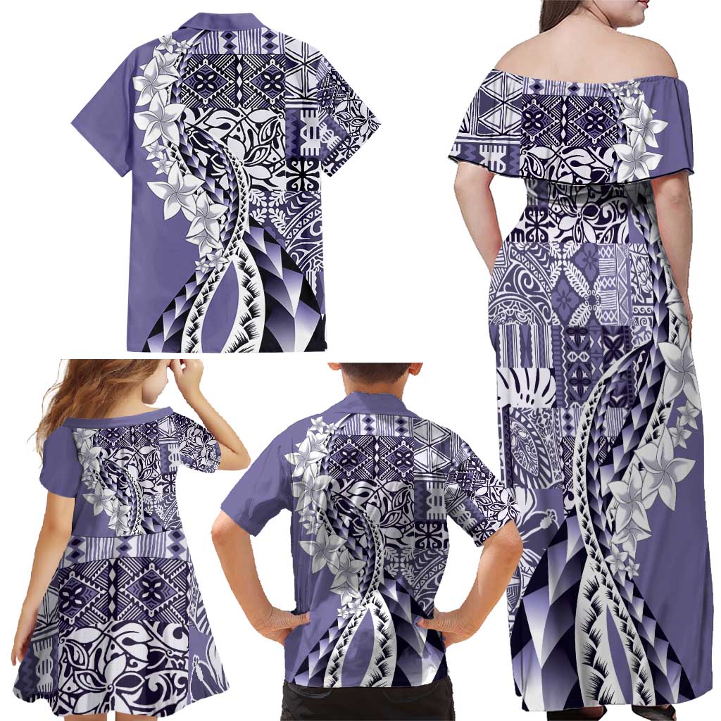 Aloha Vintage Plumeria Hawaiian Tapa Pattern Family Matching Off Shoulder Maxi Dress and Hawaiian Shirt Purple Hawaiian Tapa Pattern - Polynesian Pride