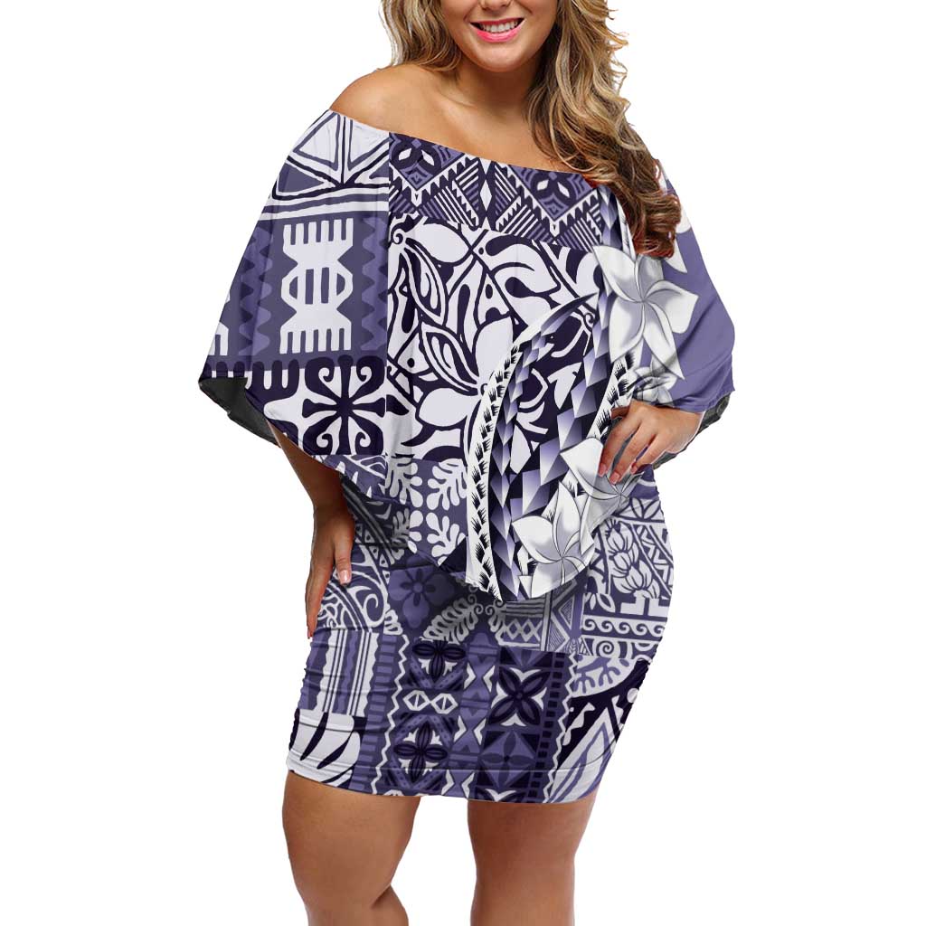 Aloha Vintage Plumeria Hawaiian Tapa Pattern Family Matching Off Shoulder Short Dress and Hawaiian Shirt Purple Hawaiian Tapa Pattern - Polynesian Pride