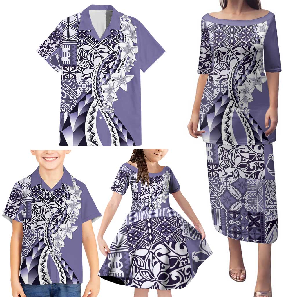 Aloha Vintage Plumeria Hawaiian Tapa Pattern Family Matching Puletasi and Hawaiian Shirt Purple Hawaiian Tapa Pattern - Polynesian Pride