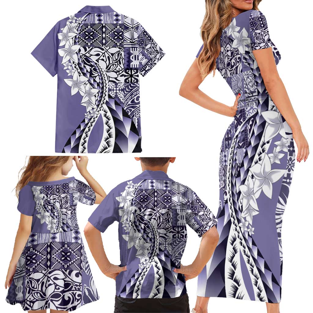 Aloha Vintage Plumeria Hawaiian Tapa Pattern Family Matching Short Sleeve Bodycon Dress and Hawaiian Shirt Purple Hawaiian Tapa Pattern LT9 - Polynesian Pride